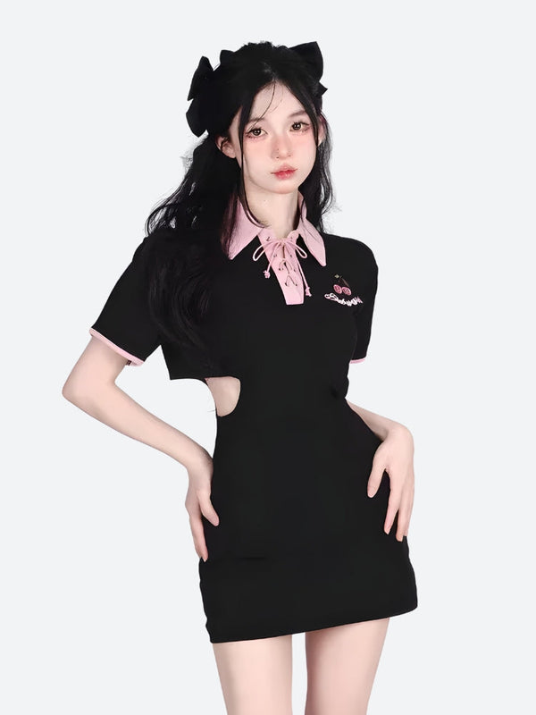 Kawaii Cherry Cut Out Mini Polo Dress - Vedlit