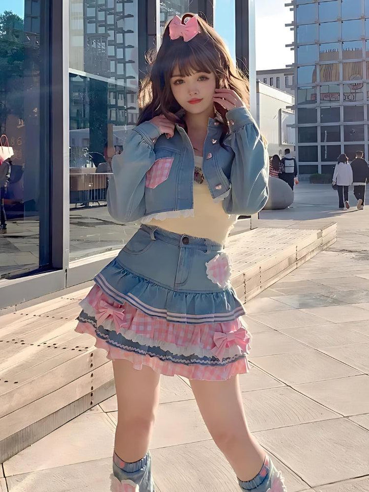 Kawaii Layered Denim Mini Skirt - Vedlit