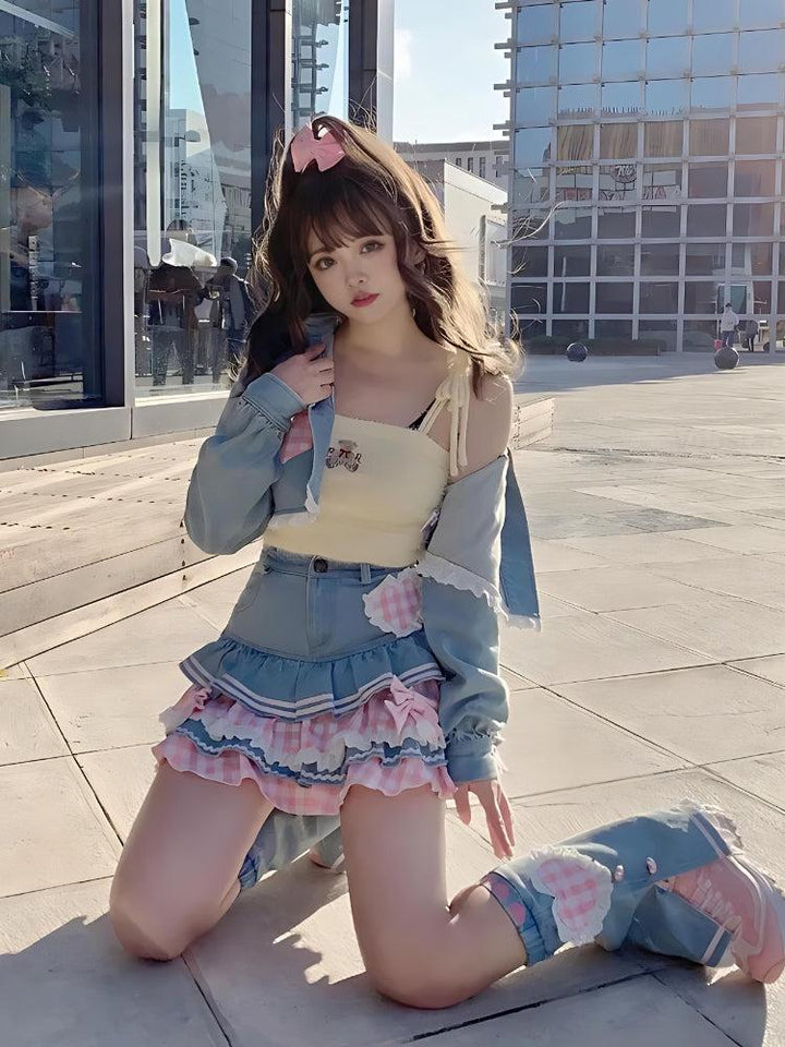 Kawaii Layered Denim Mini Skirt - Vedlit