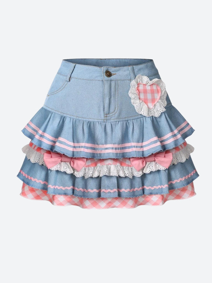 Kawaii Layered Denim Mini Skirt - Vedlit