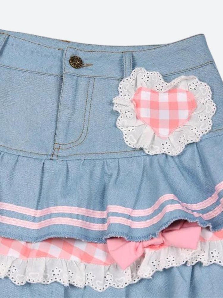 Kawaii Layered Denim Mini Skirt - Vedlit