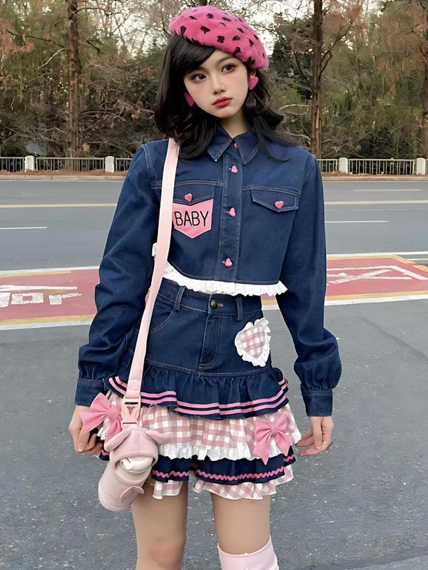 Kawaii Layered Denim Mini Skirt - Vedlit