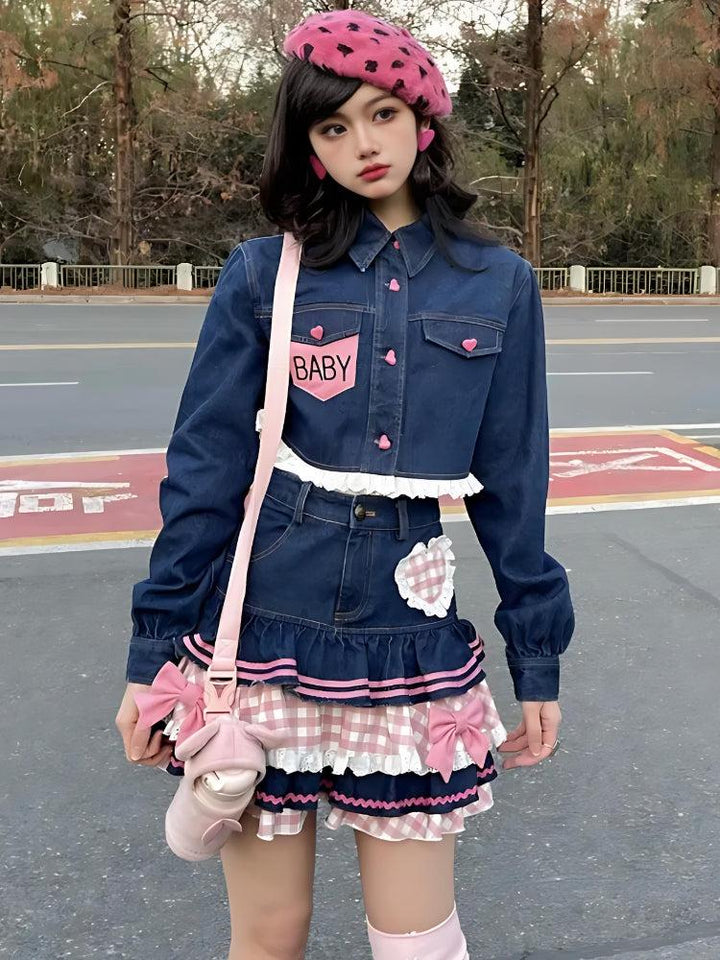 Kawaii Layered Denim Mini Skirt - Vedlit