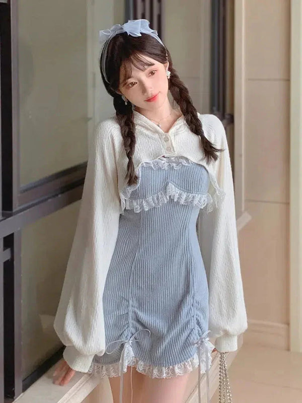 Kawaii Mini Dress & Crop Cardigan Two Piece Set - Vedlit