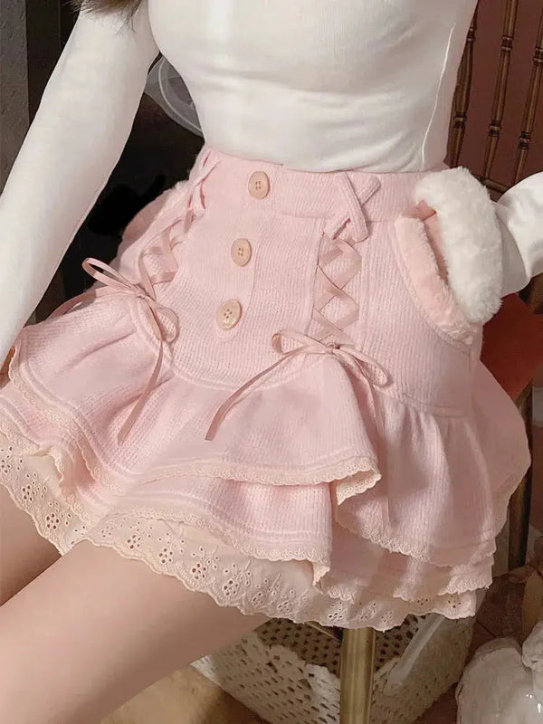 Kawaii Ruffled Layered Lace Mini Skirt - Vedlit