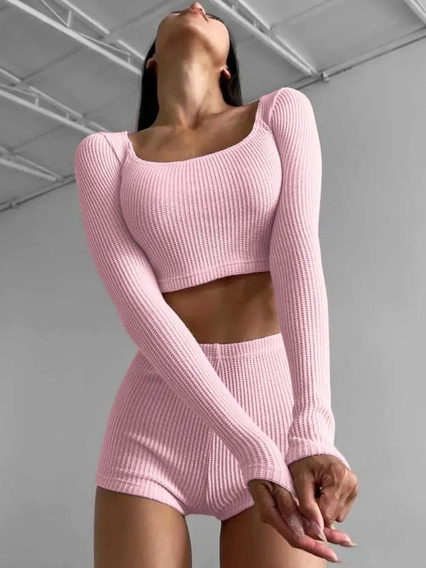 Knitted Crop Top & Shorts Two Piece Set - Vedlit