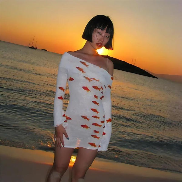 Koi Fish Printed Mesh Mini Dress - Vedlit