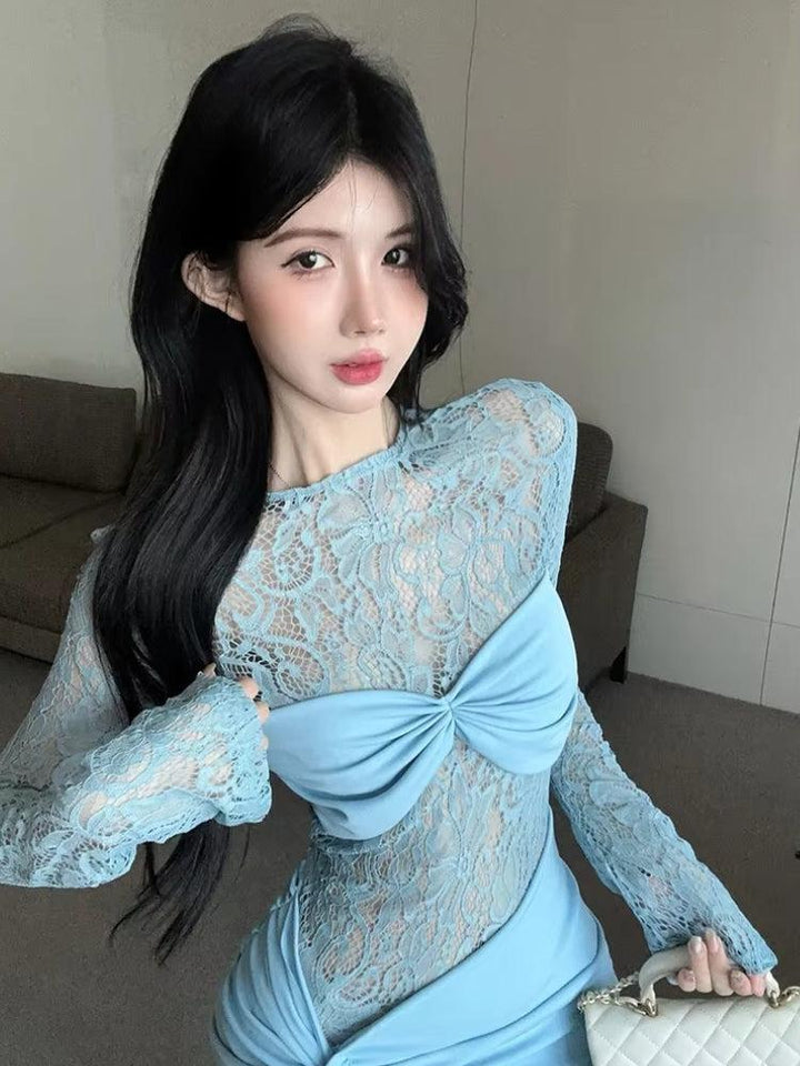 Lace Ruched Mini Dress - Vedlit