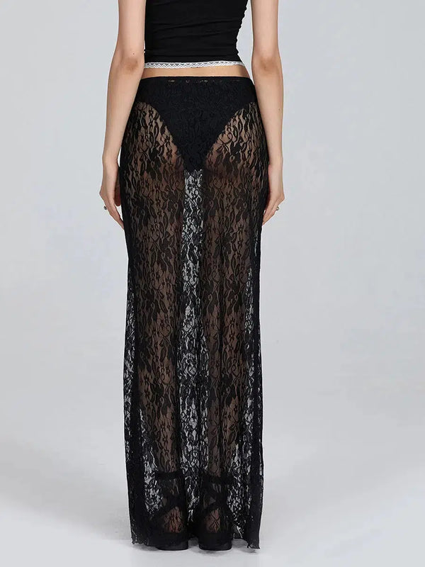 Lace Sheer Low Rise Maxi Skirt - Vedlit