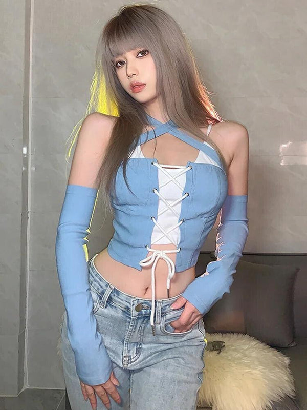 Lace Up Layered Crop Top - Vedlit