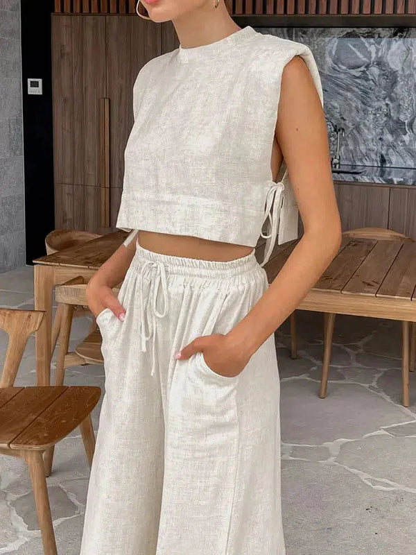 Linen Lace Up Crop Top & Pants Two Piece Set - Vedlit