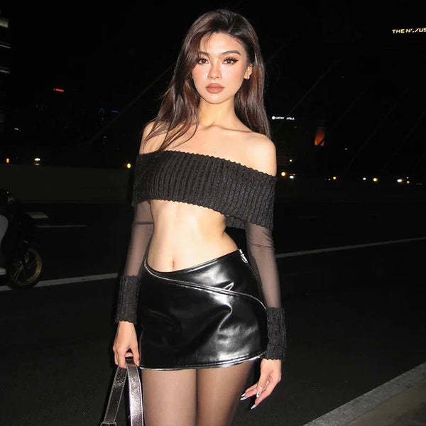Mesh Sleeve Off Shoulder Crop Top - Vedlit
