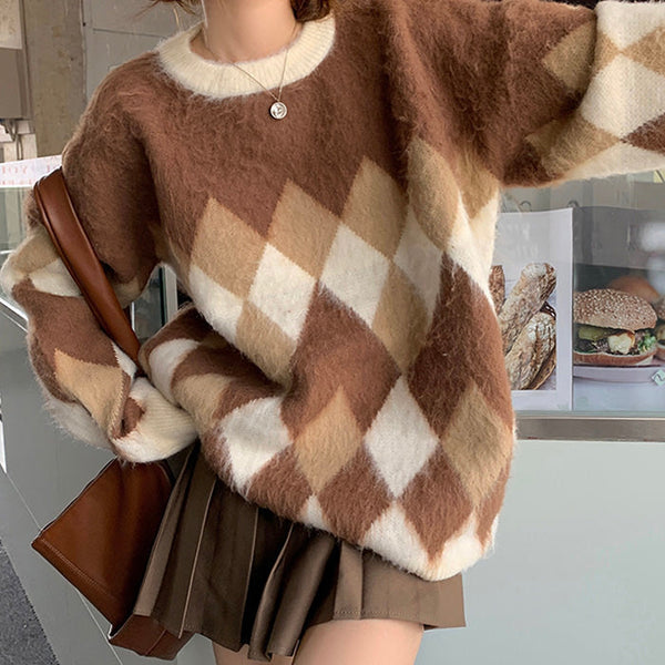 Mocha Fuzzy Argyle Sweater - Vedlit