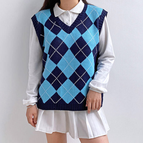 Navy Blue Argyle Vest - Vedlit