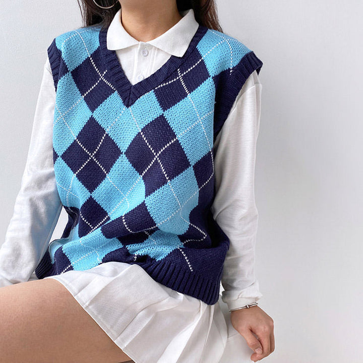 Navy Blue Argyle Vest - Vedlit