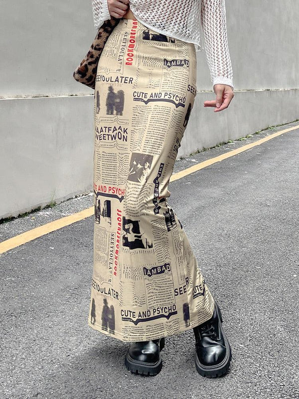 Newspaper Printed Maxi Skirt - Vedlit