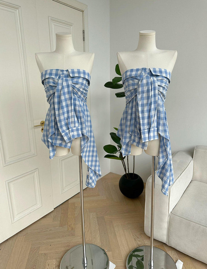 Baby Blue Plaid Off Shoulder Shirt - Vedlit