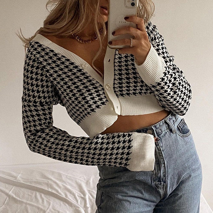 Dogtooth Check Crop Cardigan - Vedlit