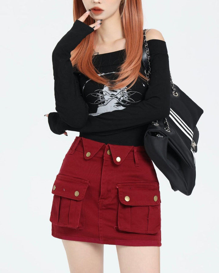 Wine Red Zip Front Mini Skirt - Vedlit
