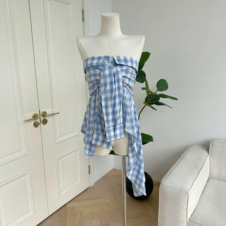 Baby Blue Plaid Off Shoulder Shirt - Vedlit