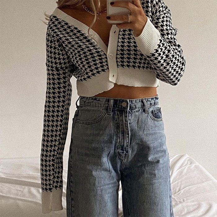 Dogtooth Check Crop Cardigan - Vedlit