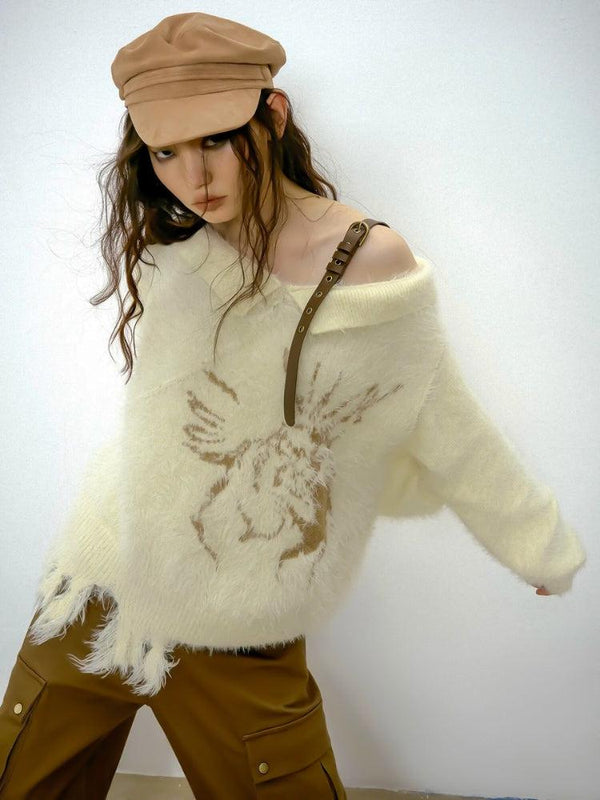 Off Shoulder Distressed Knit Sweater - Vedlit