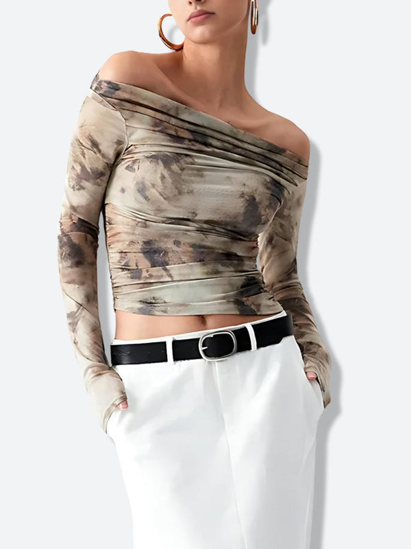 Off Shoulder Ruched Mesh Top - Vedlit