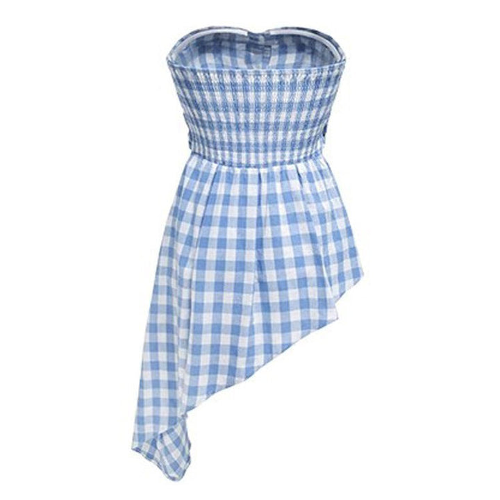 Baby Blue Plaid Off Shoulder Shirt - Vedlit