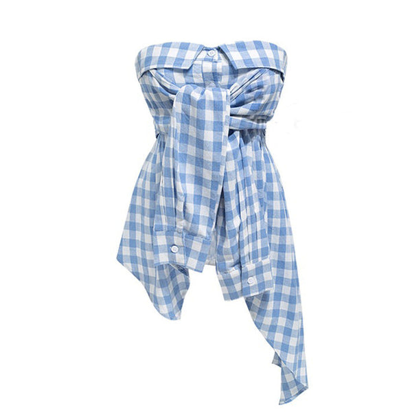 Baby Blue Plaid Off Shoulder Shirt - Vedlit