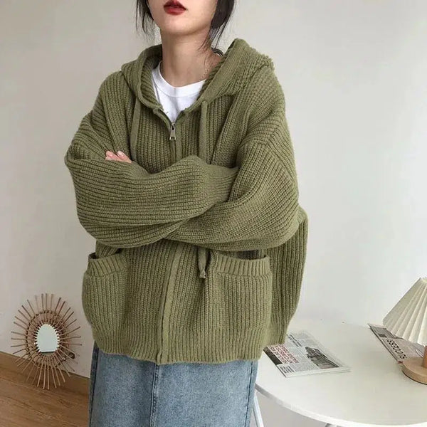 Oversized Knitted Hooded Cardigan - Vedlit