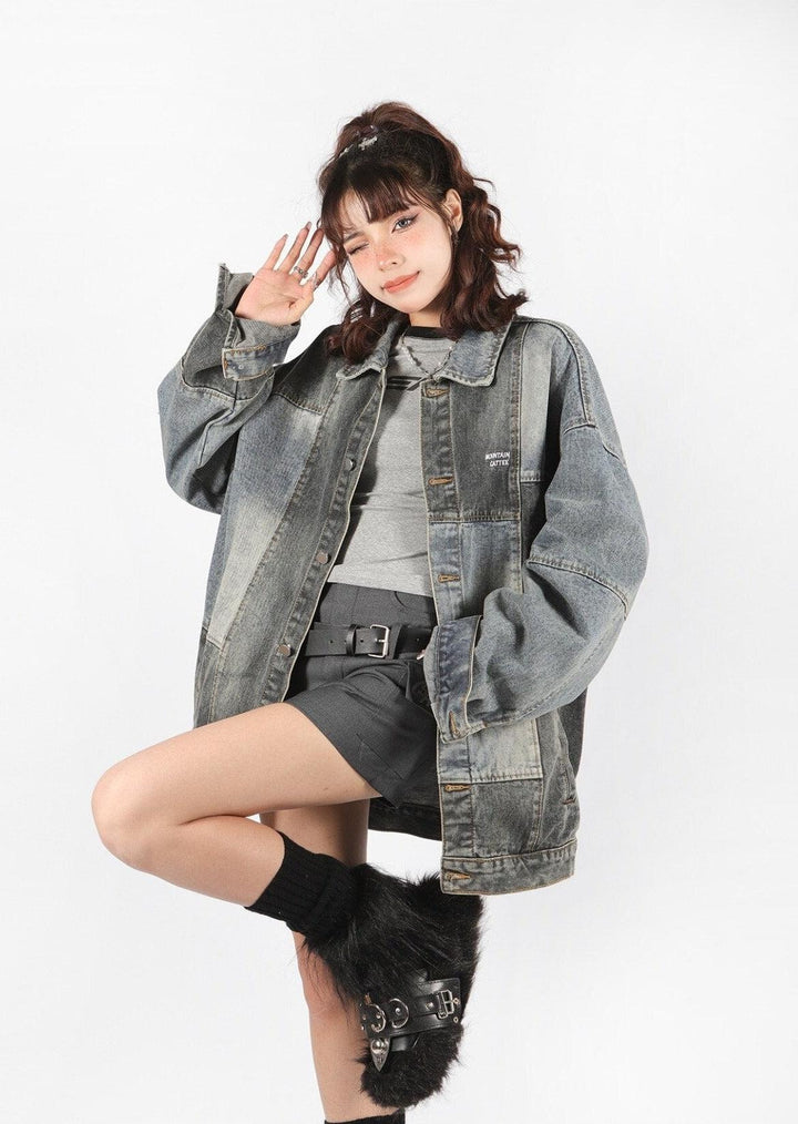 Patchwork Oversized Denim Jacket - Vedlit