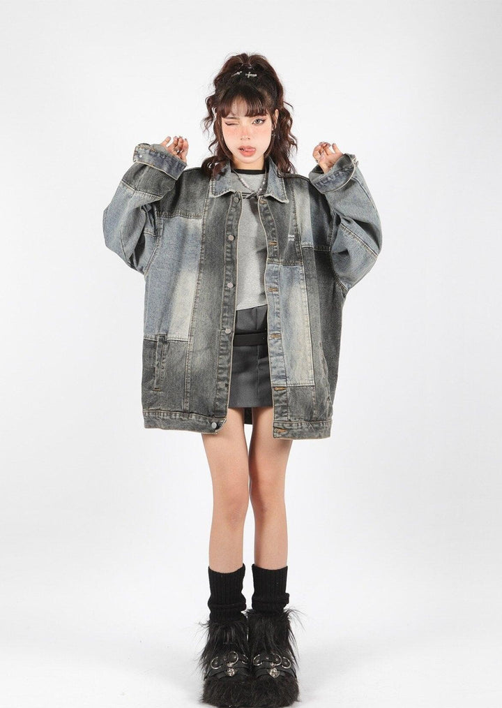 Patchwork Oversized Denim Jacket - Vedlit