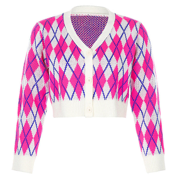 Pink Argyle Check Cardigan - Vedlit
