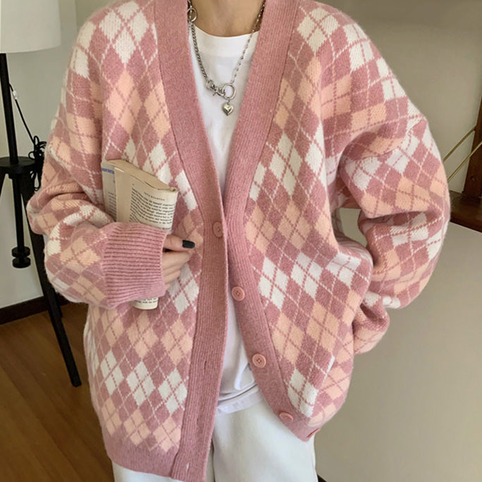 Pink Argyle Knit Cardigan - Vedlit