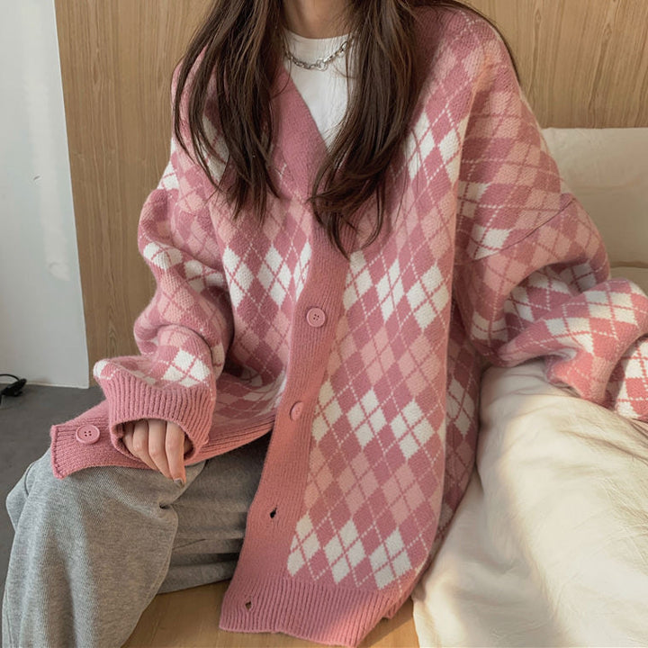 Pink Argyle Knit Cardigan - Vedlit