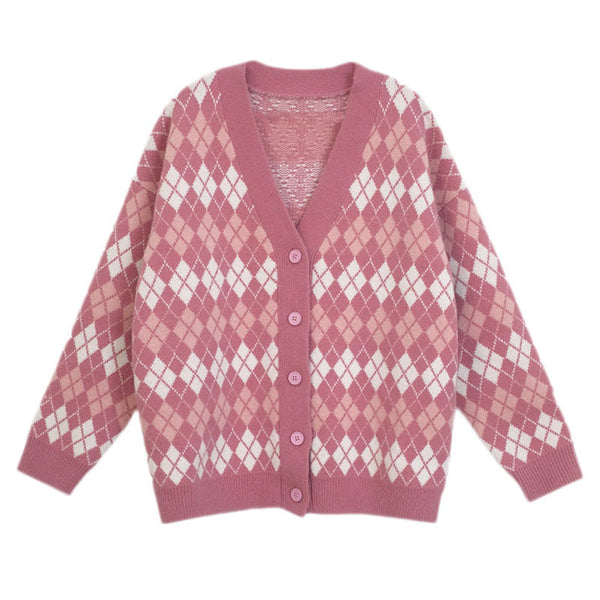 Pink Argyle Knit Cardigan - Vedlit