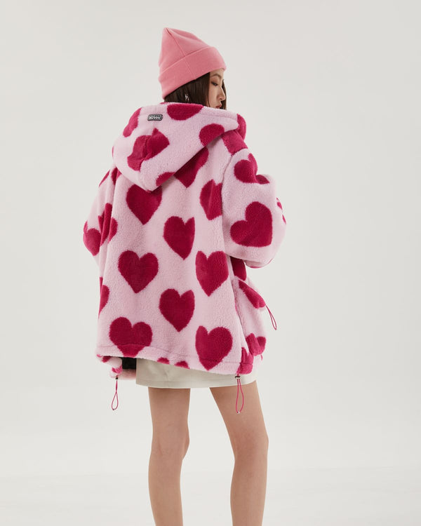 Pink Heart Pattern Hooded Jacket - Vedlit