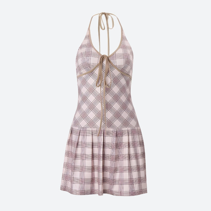 Plaid Halter Neck Pleated Mini Dress - Vedlit