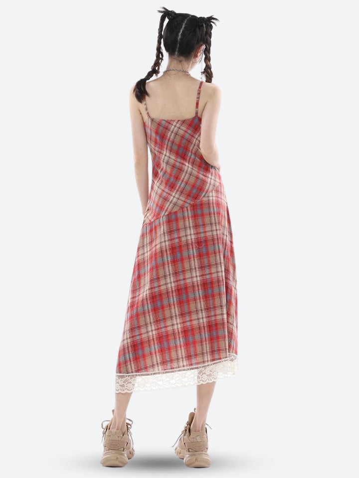 Plaid Lace Midi Dress - Vedlit