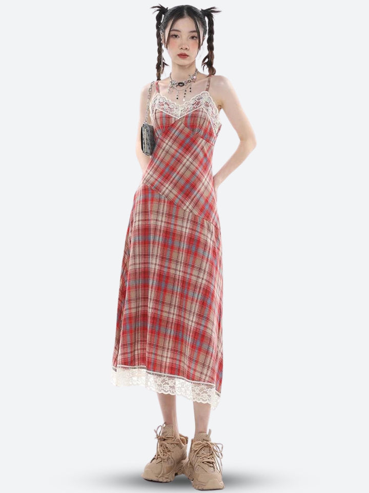 Plaid Lace Midi Dress - Vedlit