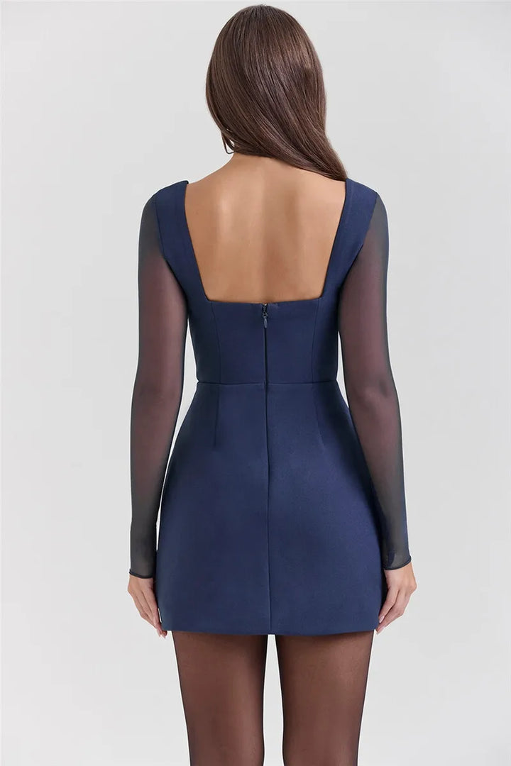 Plunge Neck Sheer Sleeve Mini Dress - Vedlit
