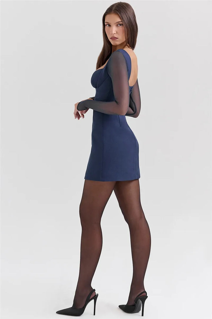 Plunge Neck Sheer Sleeve Mini Dress - Vedlit