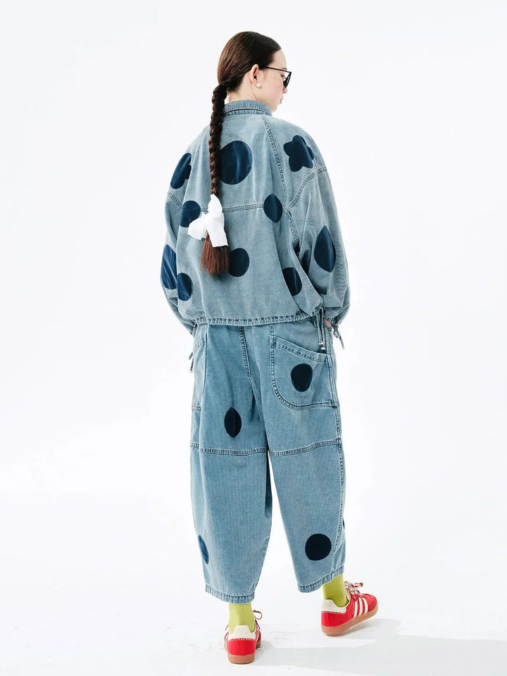 Polka Dot Button Up Denim Jacket - Vedlit