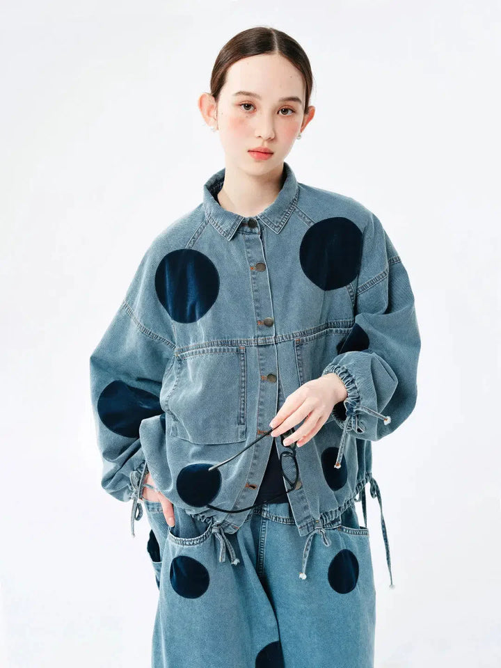 Polka Dot Button Up Denim Jacket - Vedlit