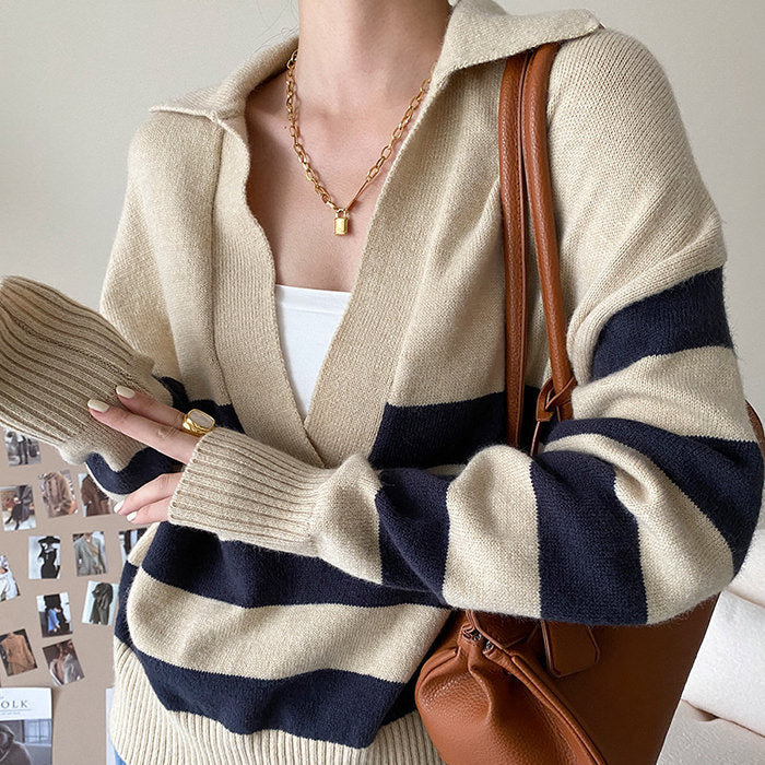 Preppy Collar Striped Pullover - Vedlit