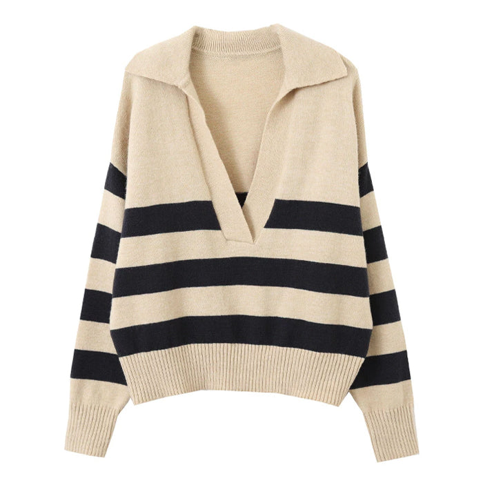 Preppy Collar Striped Pullover - Vedlit