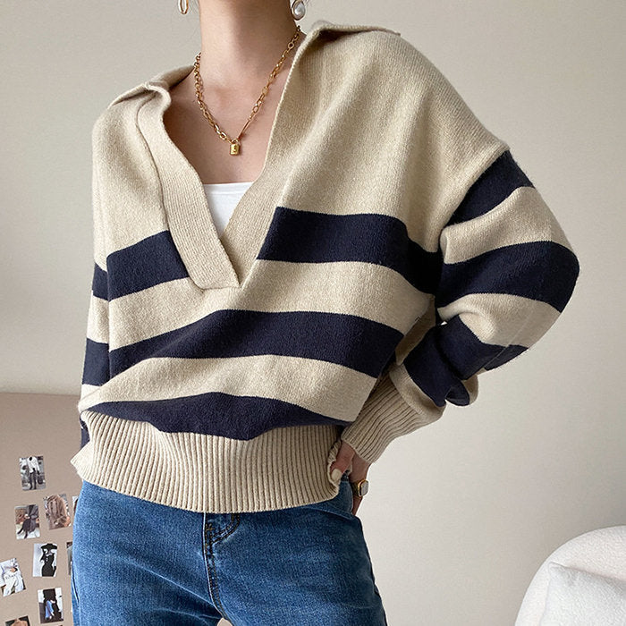 Preppy Collar Striped Pullover - Vedlit