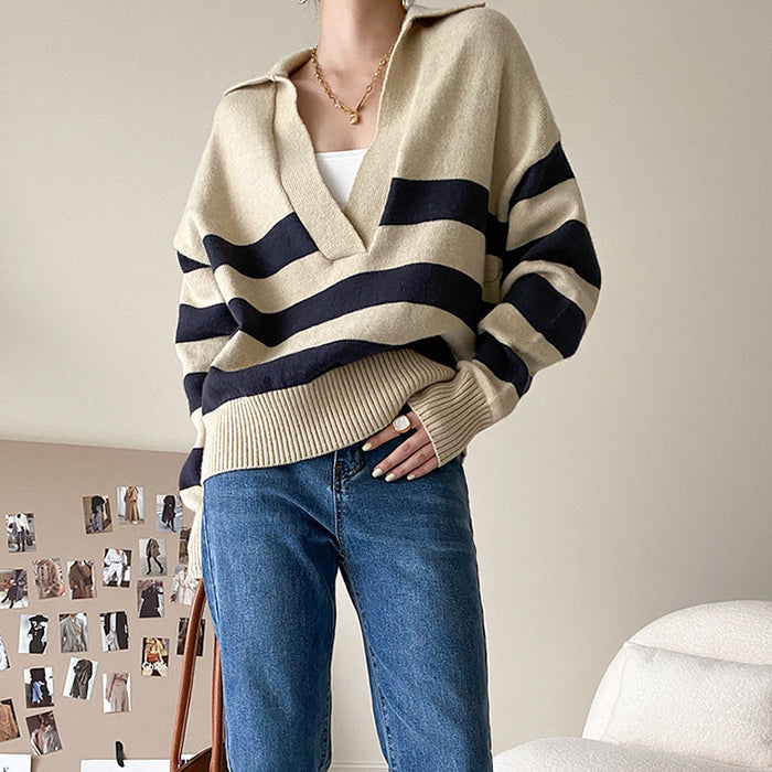 Preppy Collar Striped Pullover - Vedlit