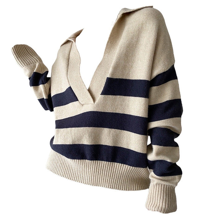 Preppy Collar Striped Pullover - Vedlit