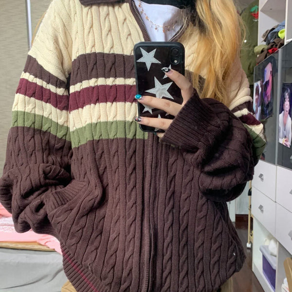 Preppy Aesthetic Collar Striped Cardigan - Vedlit